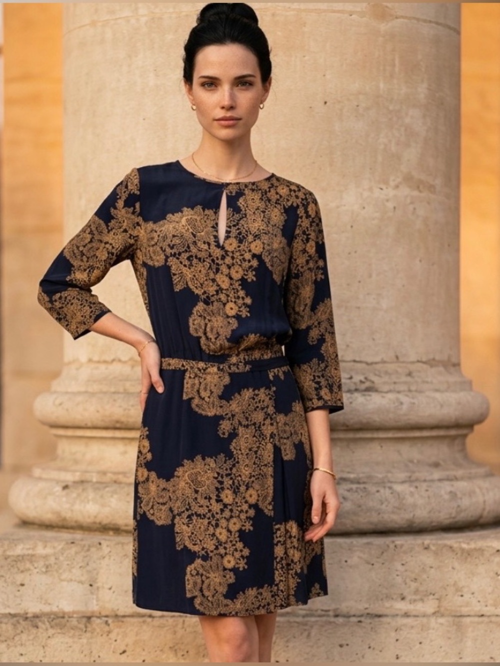 TIBI New York 100% Silk Dress Lace Print Navy Blue Golden Yellow Paisley Floral